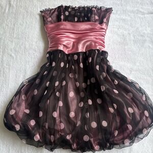 y2k insane Gunne Sax Pink Black Polka Dot Bubble Strapless mini Dress